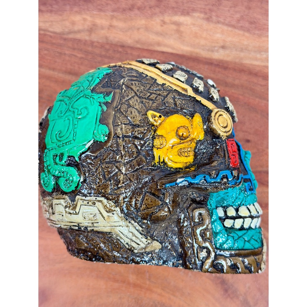 Aztec Mayan Skull Resin Sculpture Calavera Folk Art Day of the Dead Turquoise - Picture 10 of 14